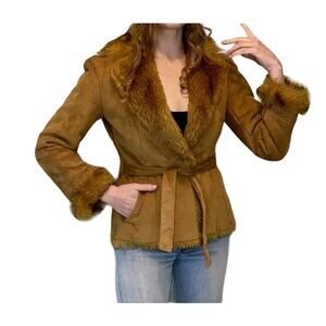 Halston Brown Faux Fur Suede Penny Lane Belted Jacket Size Small